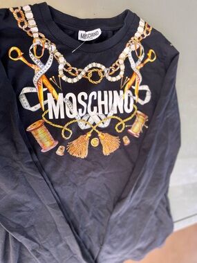 Moschino Black Sweatshirt with Gold and White Chain Graphic